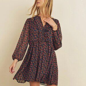 NWT Dress Forum Women's Navy and Red floral Baby doll Swing Dress Sz M
